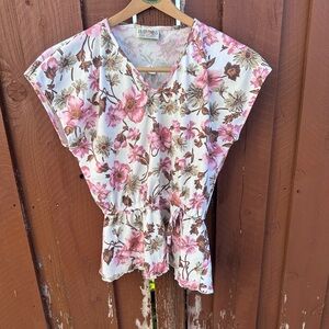 Vintage Floral V-Neck Blouse - Pink and Brown